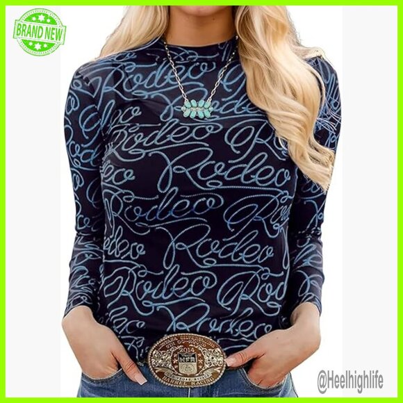 Tops - Sheer Mesh Long Sleeve Mock Neck Top Y2K Letter Print Slim Fit